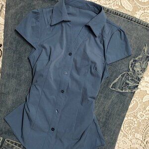 Original Haze Blue Waist Slim Short Sleeve Blouse Women